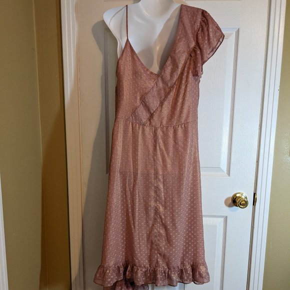 ASOS Iridescent Rose w/Gold Shimmer Pink Polkadot Asymmetrical Dress - size 16 - Picture 2 of 13